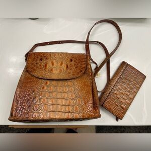 Used Brahmin Crocodile Pattern Brown Leather Bag and Wallet Set